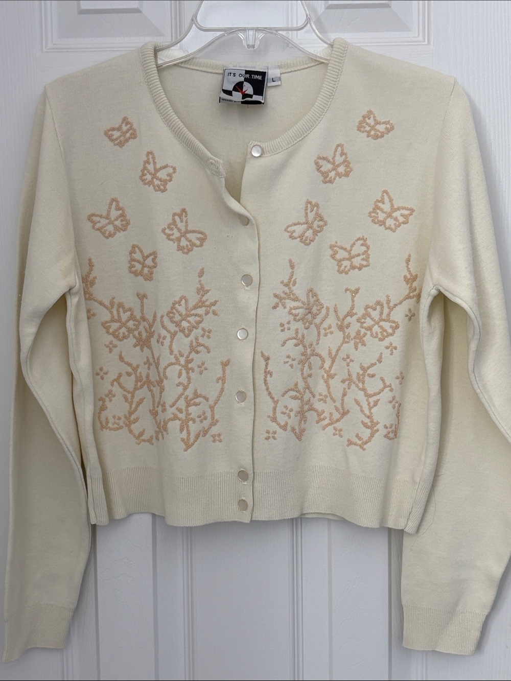 It's Our Time Cream Cardigan with Peach Butterfly Embroidery